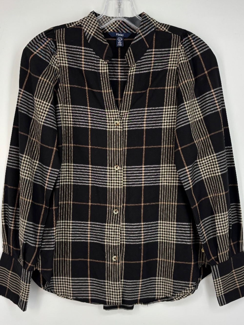 Hatley Womens XS Button Front Shirt Black Beige Plaind V-Neck Long Puff Sleeves